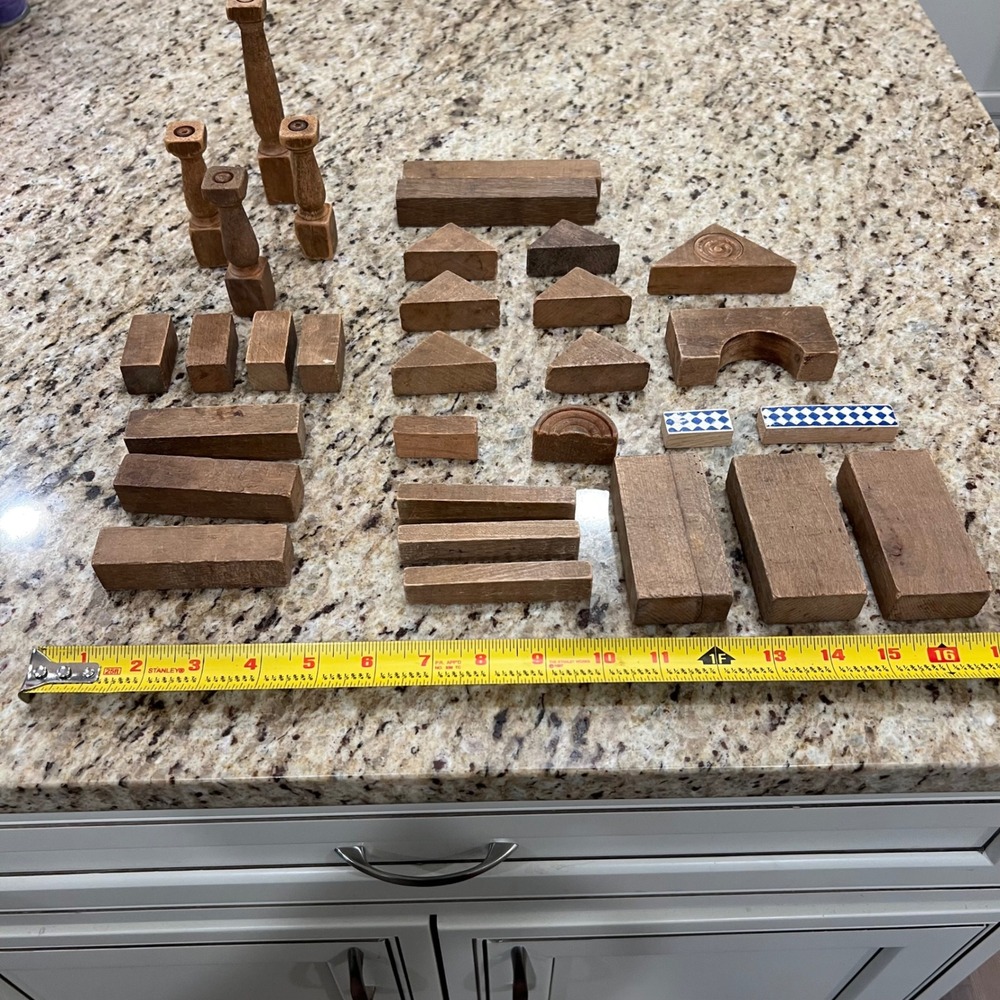 Vintage Wooden Building Blocks Set Mixed Shapes Pillars Arches Natural Wood Toy - Picture 4 of 6